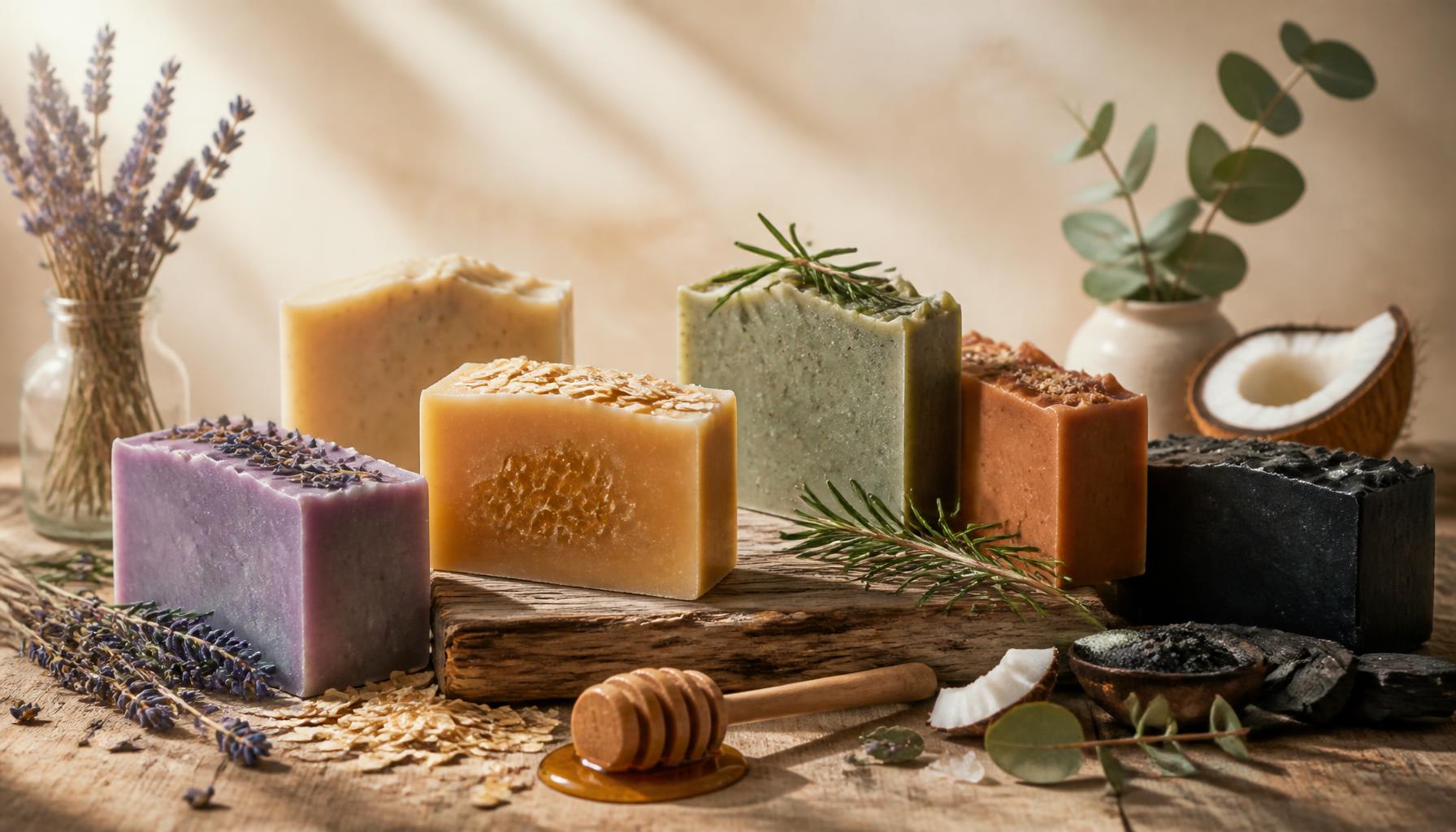 Jabones artesanales naturales sobre una mesa rústica de madera
